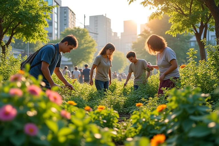 東京の活気あるコミュニティガーデン。多様な植物が育ち、熱心な庭師たちが手入れをしており、成功した都市緑化プロジェクトを象徴している。