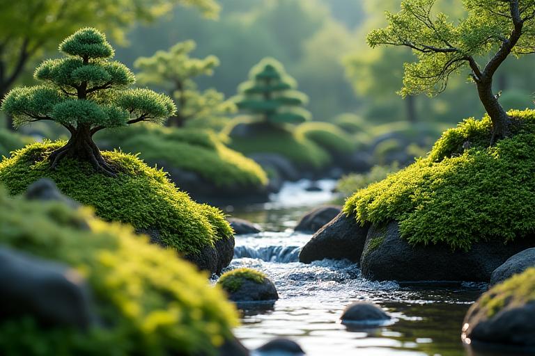 調和と持続可能な美を体現する、流れのある小川と青々とした緑の植物がある日本の石庭。