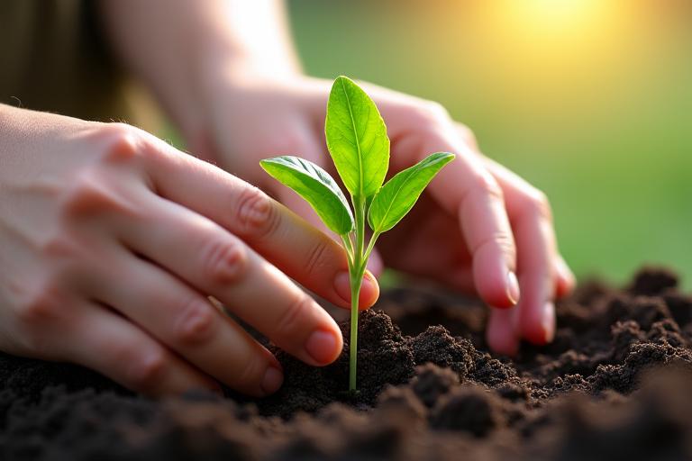 豊かな土壌で植物を手入れする手。ガーデニングにおける実践的な学習と応用を強調している。