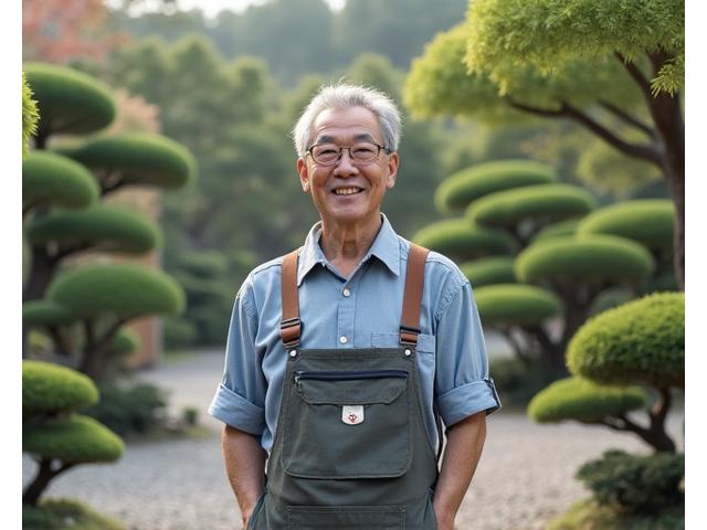 創設者でありマスターガーデナーの田中海人教授が、美しい伝統的な日本庭園で微笑んでいる。
