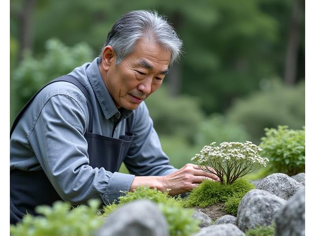 丹念に設計されたロックガーデンで、繊細な高山植物を手入れする穏やかな姿の佐藤蓮先生。