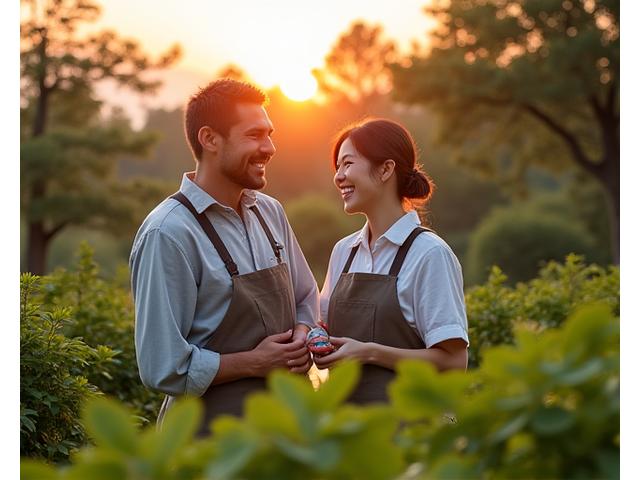 夕暮れ時の緑豊かな伝統的な日本庭園で、持続可能な実践について話し合いながら微笑む二人の日本人ガーデニングアカデミー専門家。