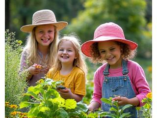 A vibrant children's educational garden, with small plots of vegetables, a butterfly garden, and child-friendly play elements. Children are happily tending to plants.