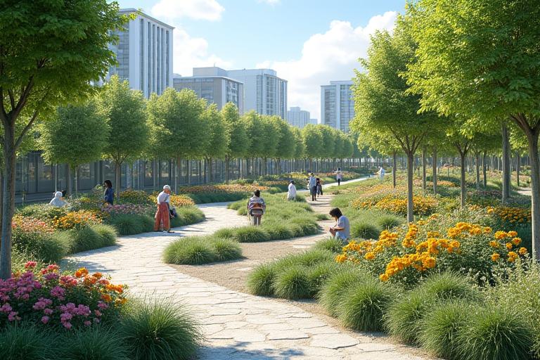 A sprawling, beautifully designed public park in an urban setting, featuring accessible pathways, diverse drought-tolerant planting, and sustainable drainage solutions. People are enjoying the space.