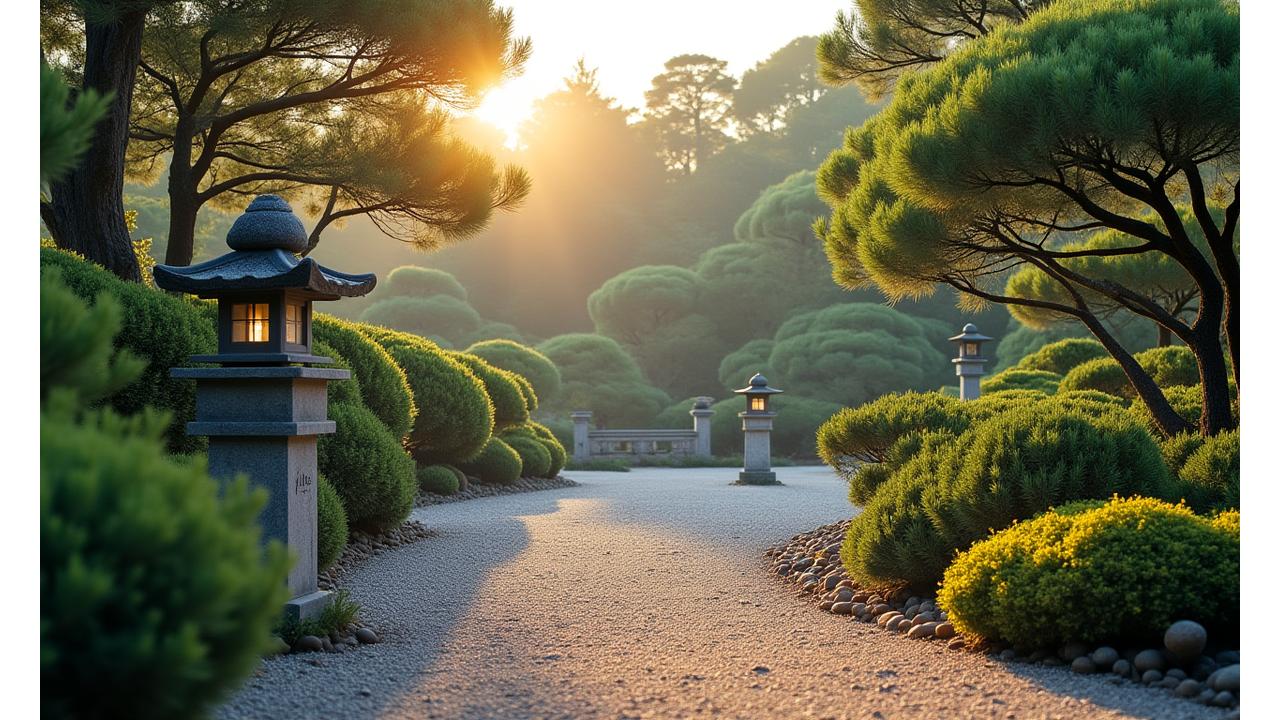 A tranquil Japanese garden in Tokyo, featuring traditional elements like stone lanterns, carefully pruned pines, and a raked gravel path, bathed in soft morning light.