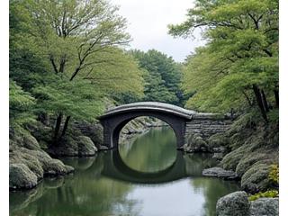 A meticulously restored historic Japanese strolling garden, with an ancient stone bridge, koi pond, and mature, traditional plants, showcasing a blend of history and nature.