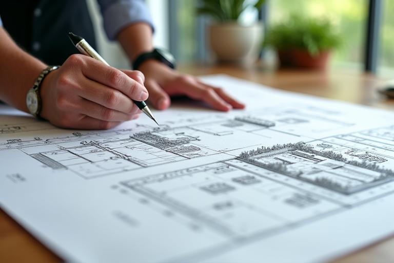 A finely detailed blueprint of a residential garden design, showing various planting zones, water features, and seating areas. A hand with a pen gestures over the drawing.