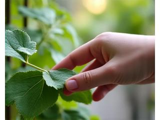 A serene therapeutic garden designed for relaxation, featuring raised beds, sensory plants, and accessible pathways. A person is gently touching a plant leaf.