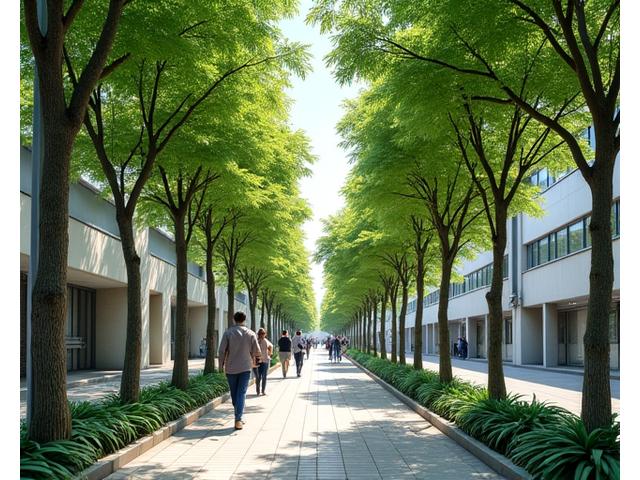 都市の通りに並ぶ緑豊かな木々