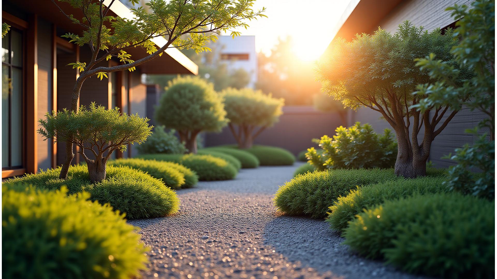 Stunning xeriscaped garden in a modern Tokyo setting with traditional Japanese elements and native plants, showcasing water-wise principles.