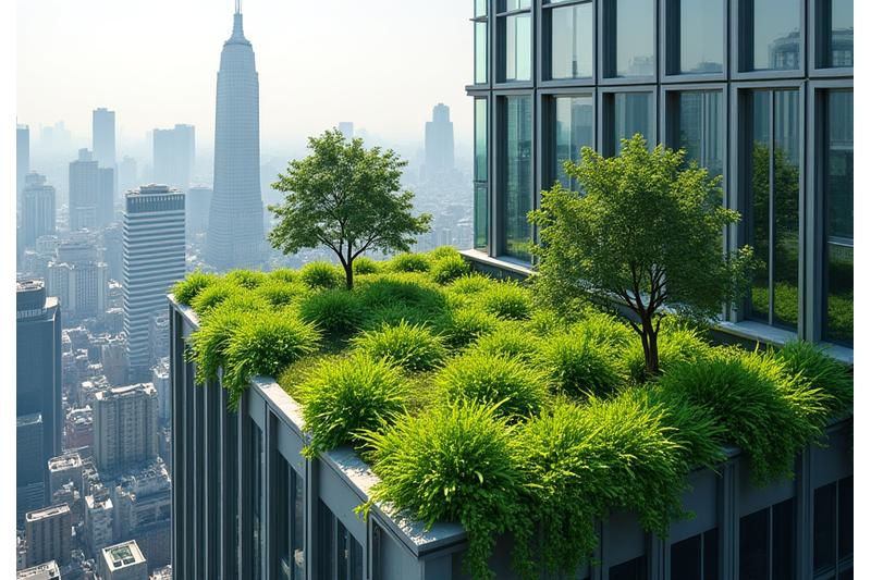東京のビルの屋上にある緑豊かな屋上庭園