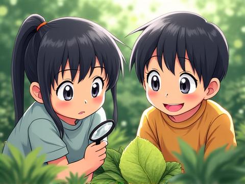 虫眼鏡で植物を興奮して調べる小学生