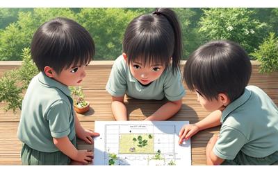 自分たちが作ったミニチュアガーデンのランドスケープデザインについて興奮して話し合う子供たちのグループ