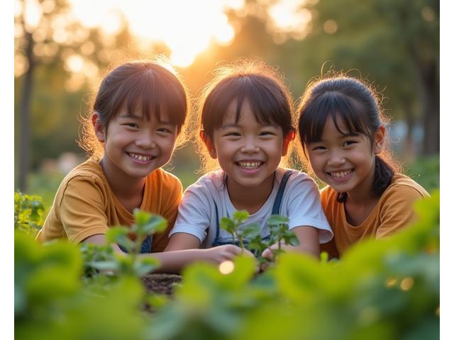活気ある庭で笑いながら学ぶ子供たちが、指導員のもとで一緒に苗を植えている様子