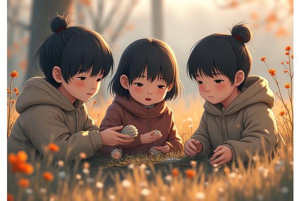 軽いジャケットを着て冬の庭のアクティビティを楽しむ子供たち、おそらく鳥の餌箱を作っている