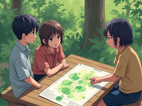 屋外でガーデンデザインの設計図に協力して取り組む中学生