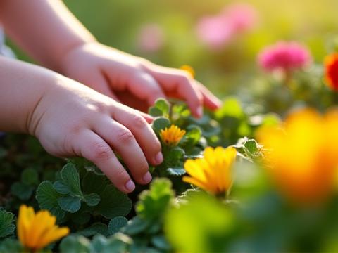 感覚の庭で柔らかい葉や色とりどりの花を探検する未就学児