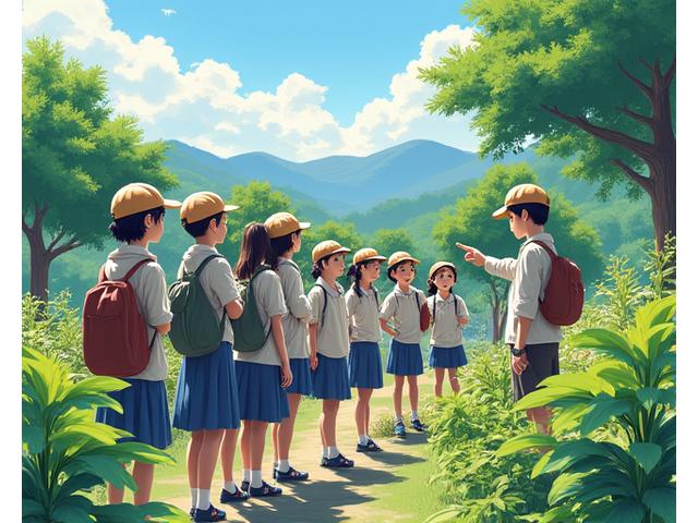 大きな植物園で指導員の話を聞いている遠足中の学童グループ