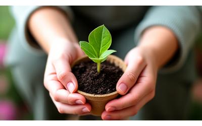 土の入った鉢に小さな苗を丁寧に植える子供