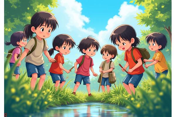 サマーキャンプ中に屋外活動に興奮して参加する多様な子供たちのグループ