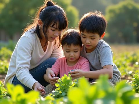 ガーデニング活動で年下の子供たちの小グループを率いるティーンエイジャー