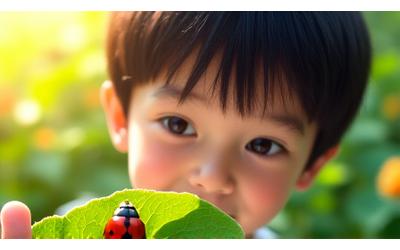 葉の上のてんとう虫を魅了されて観察する子供たち