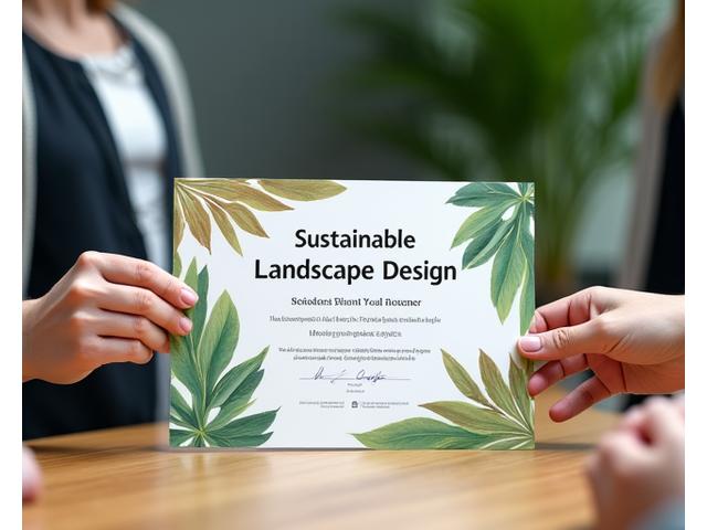 A professional gardener receiving a certification for sustainable landscape design, symbolizing expertise.