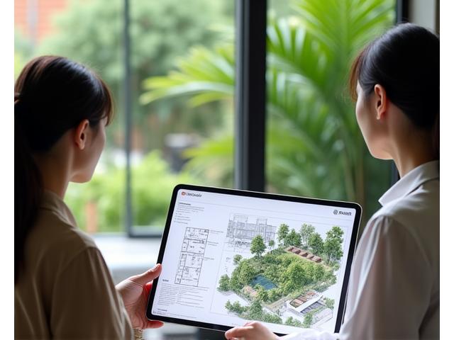 A landscape architect presenting sustainable garden design plans to a client in a modern home setting.