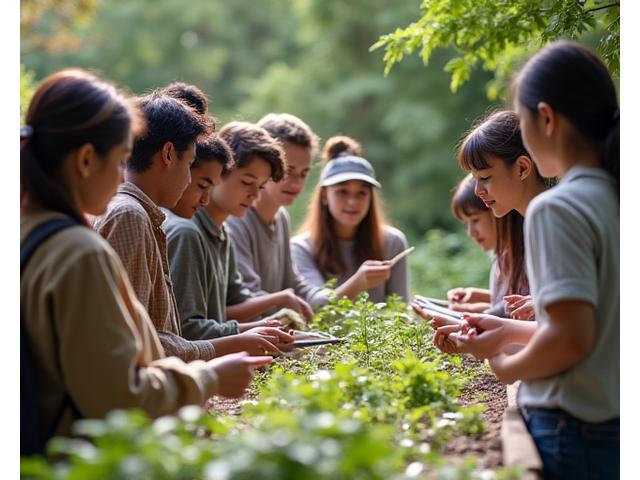 A diverse group of eager students engaged in a hands-on native plant identification workshop outdoors.