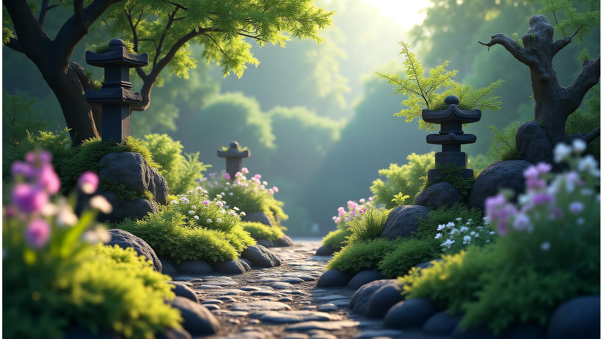 Lush, vibrant Japanese garden teeming with native wildflowers, ferns, and mosses, with ancient stone lanterns, under soft morning light, showcasing natural beauty and ecological harmony.