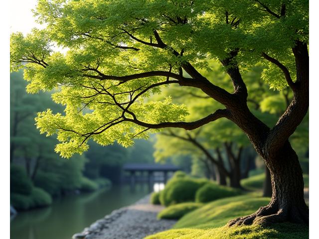 Gracious native Japanese trees with beautiful bark and seasonal foliage, providing shade and vertical interest.