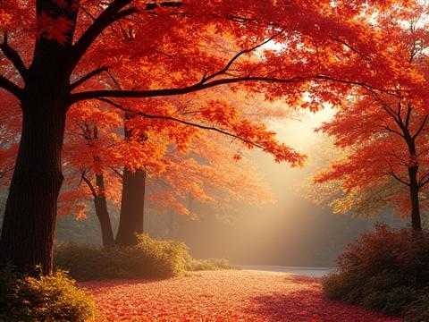 Stunning autumn foliage of native Japanese maple (Acer palmatum) and other trees, displaying fiery reds and oranges.