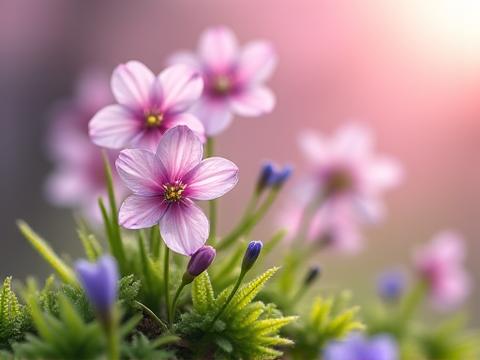 Delicate Japanese cherry blossoms (Prunus incisa) with low-lying native violets and ferns, signaling spring.