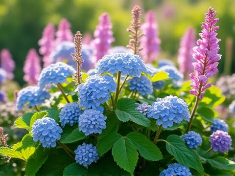 Vibrant collection of native Japanese summer flowers like Hydrangea serrata and Platycodon grandiflorus, thriving in heat.