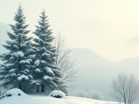Architectural forms of native Japanese evergreens like pines and bamboos, providing winter interest and snow-covered details.