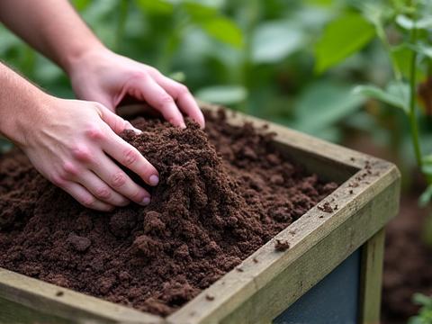 A well-maintained compost bin with hands turning organic material, ready for garden use.