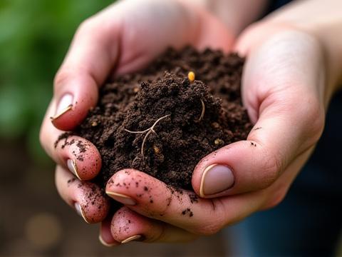 Hands sifting rich, dark compost, emphasizing healthy soil for gardening.