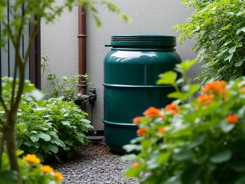Rainwater harvesting system with a native plant garden in the background, demonstrating water conservation.