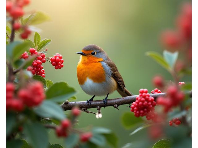 A vibrant Japanese robin perched among the berries of a native plant, its feathers contrasting with the green leaves.