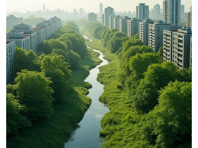 A visual representation of an urban green corridor connecting smaller green spaces, blooming with native plants.