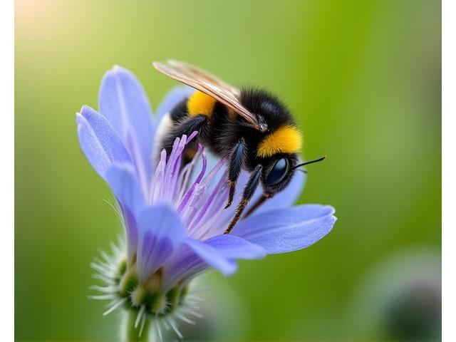 A bumblebee pollinating a vibrant native Japanese wildflower in a garden.