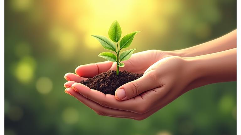 Two hands gently cupping a sprouting plant, symbolizing protection and growth, set against a soft, natural background.
