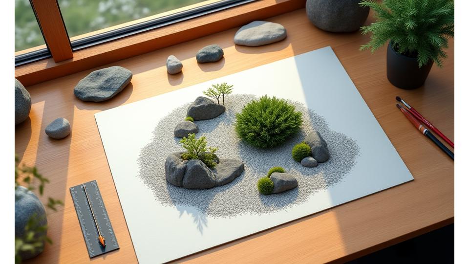 建築図面と小石、石、小さな植物で構成されたモデルを含む岩庭デザインのワークスペース
