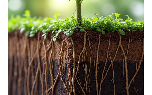 Close-up of deep, fibrous plant roots intertwining with soil particles on a slope, demonstrating natural soil stabilization.