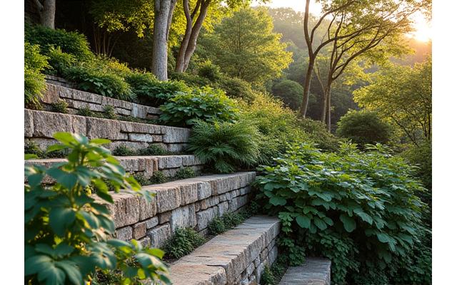 A beautifully constructed living retaining wall, blending natural stone with carefully selected plants, on a terraced garden slope.