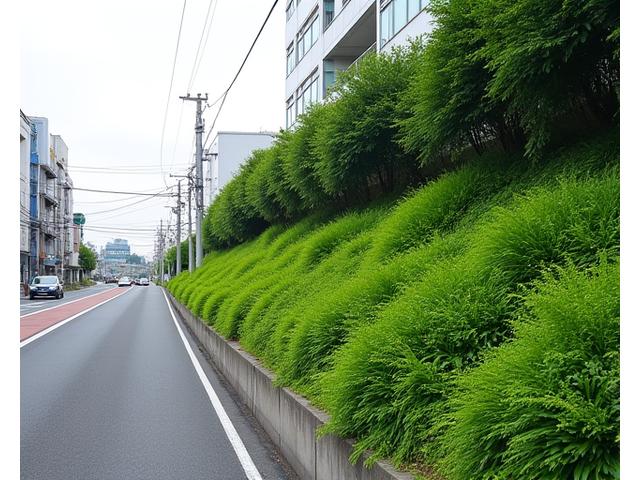 A commercial roadside slope transformed with robust erosion control netting and native shrubs, blending into the urban environment.