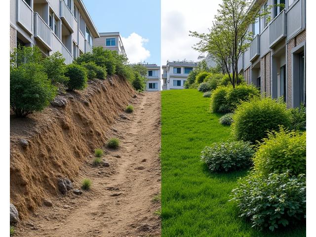 A side-by-side comparison of a severely eroded residential slope before intervention and the same slope after being beautifully stabilized with various plants and terracing.