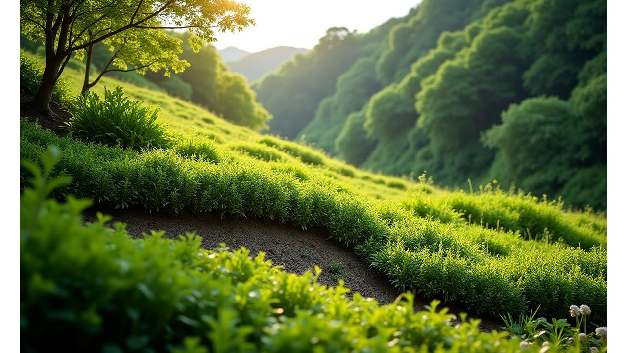日本在来植物による緑豊かな斜面の自然安定化と、対比される裸地の侵食部分。