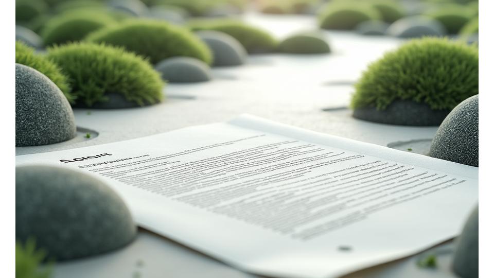 利用規約書類の抽象的なビジュアル、規約と合意を表すシンボルと数字と共に配置された和風の庭の要素。