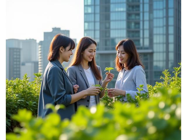 オフィスビルの屋上テラスで植物の手入れをする会社員